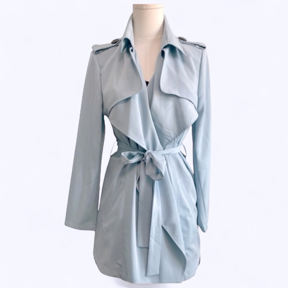 Light Blue Women's Trench Coat with Tie Waist